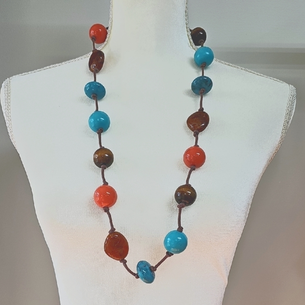 Turquoise Coral Brown Beaded Necklace On Knotted Brown String